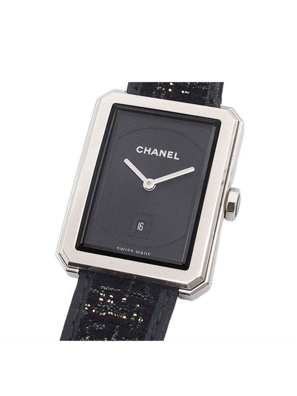 Chanel Boyfriend Black SS Tweed Leather Watch Quartz